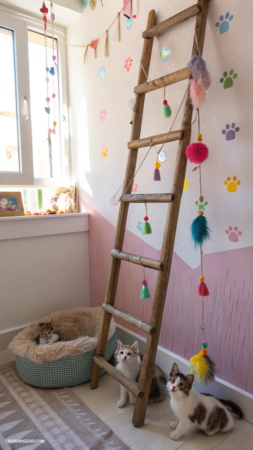 diy cat tree Wooden ladder with hanging toys