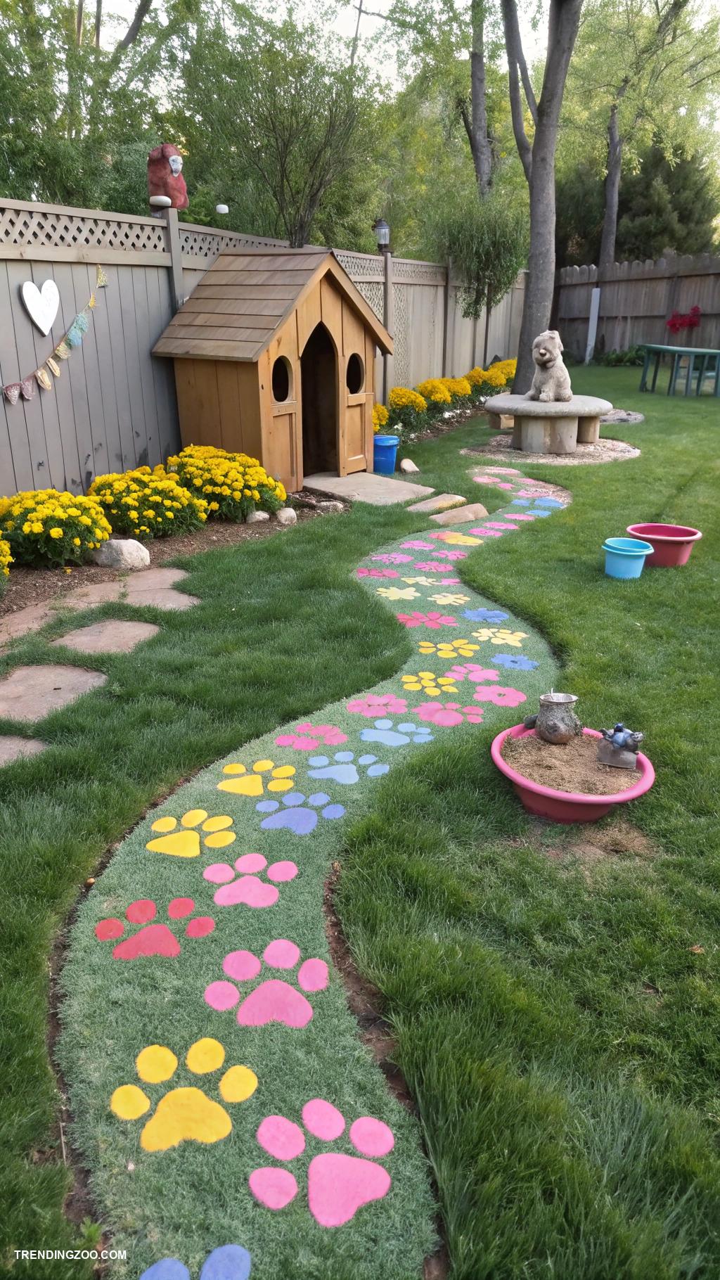 diy dog areas in backyard Colorful paw print path through yard