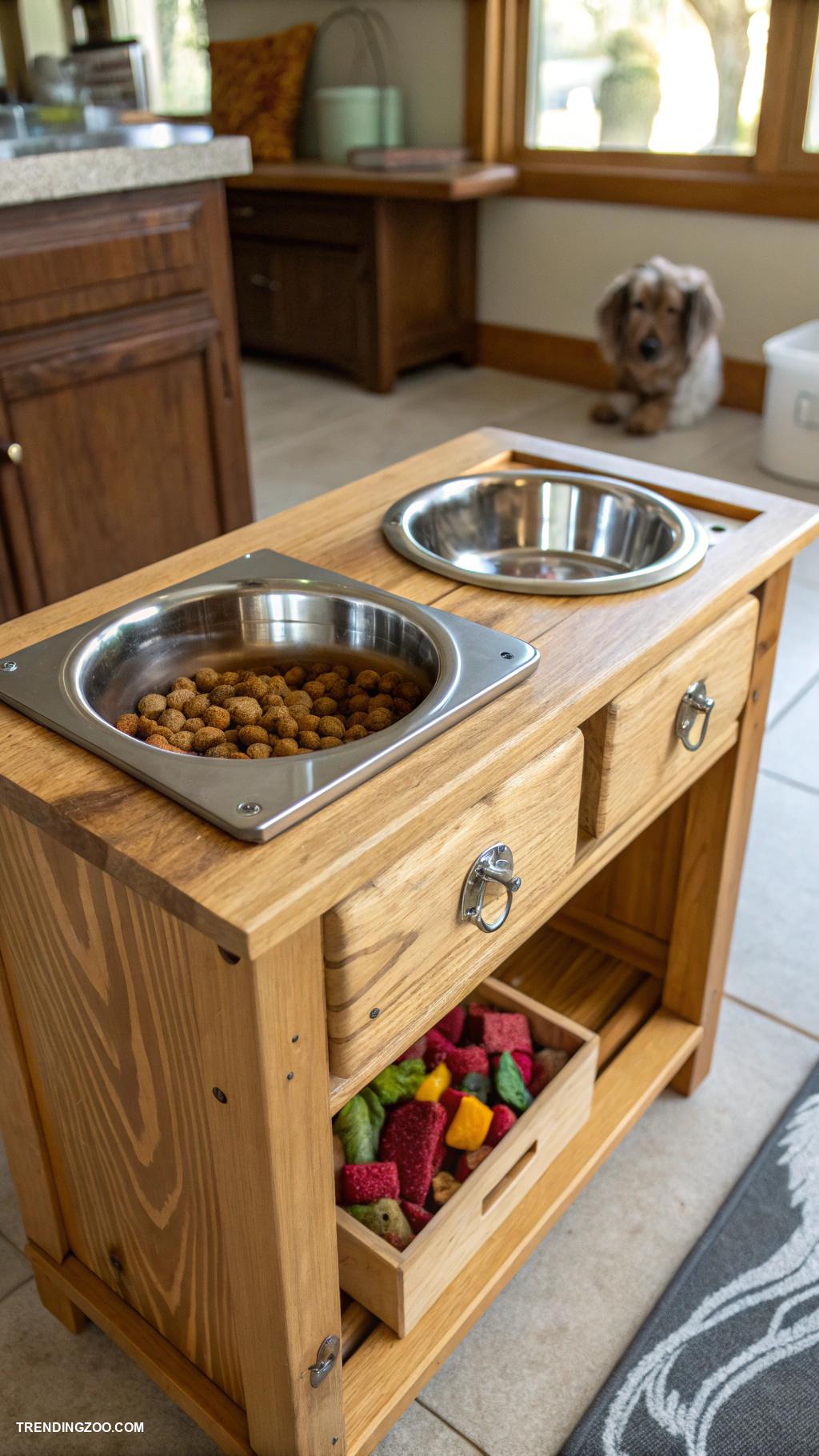 dog feeding station ideas Elevated wooden feeder with storage compartment