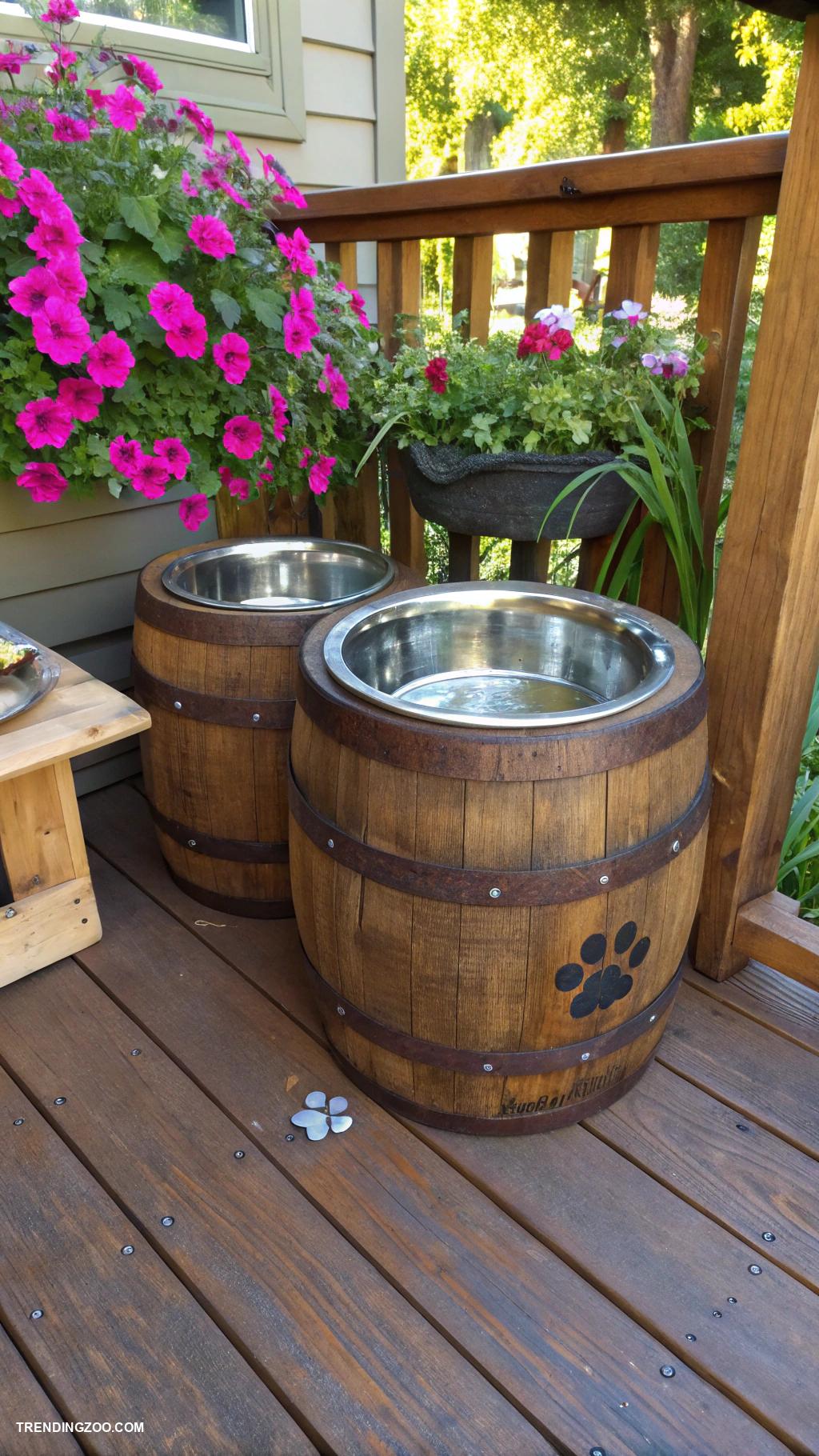 dog feeding station ideas Repurposed wine barrel dog bowl holder