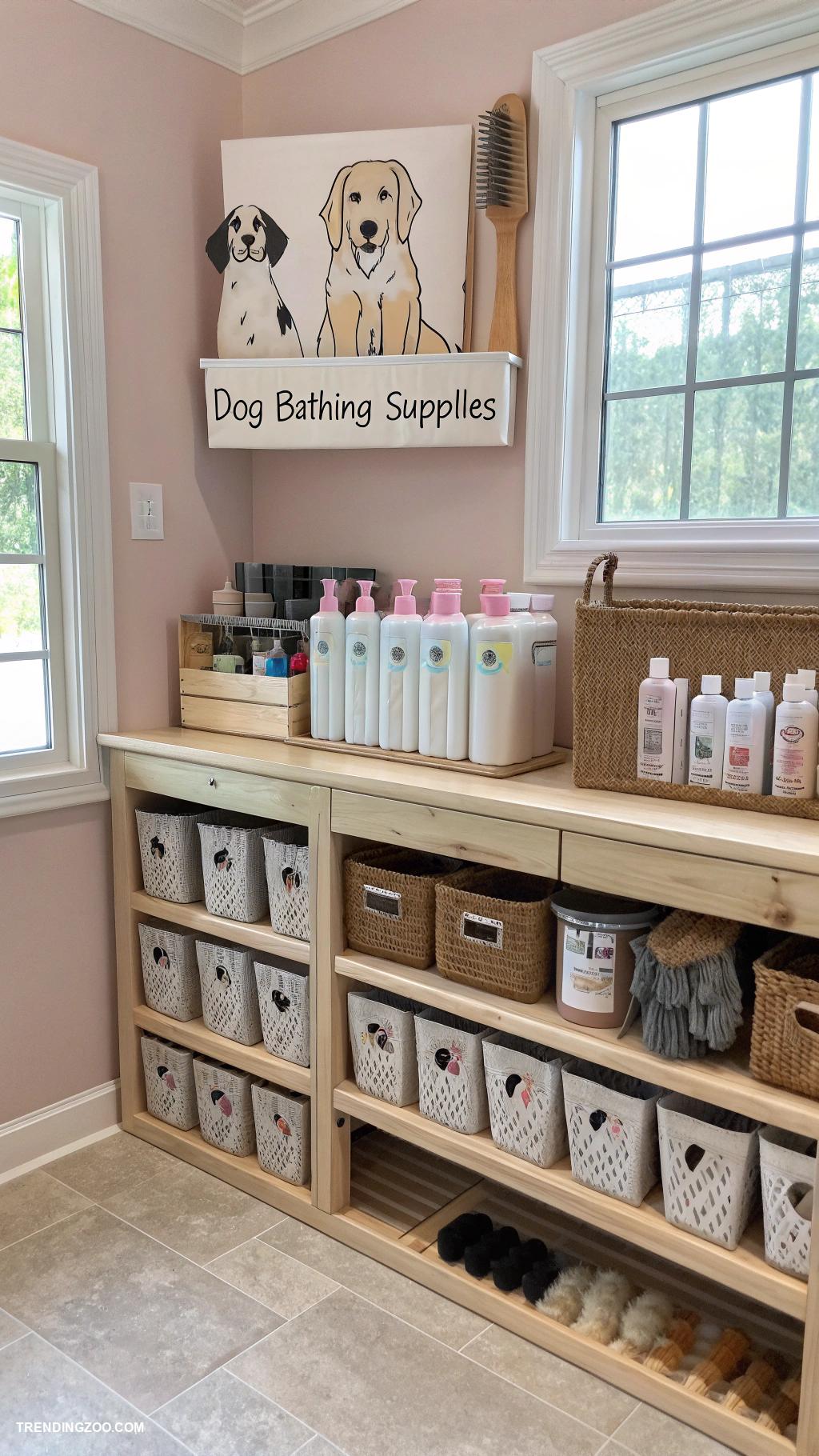 dog shower in laundry room Custom shelving for dog bathing supplies