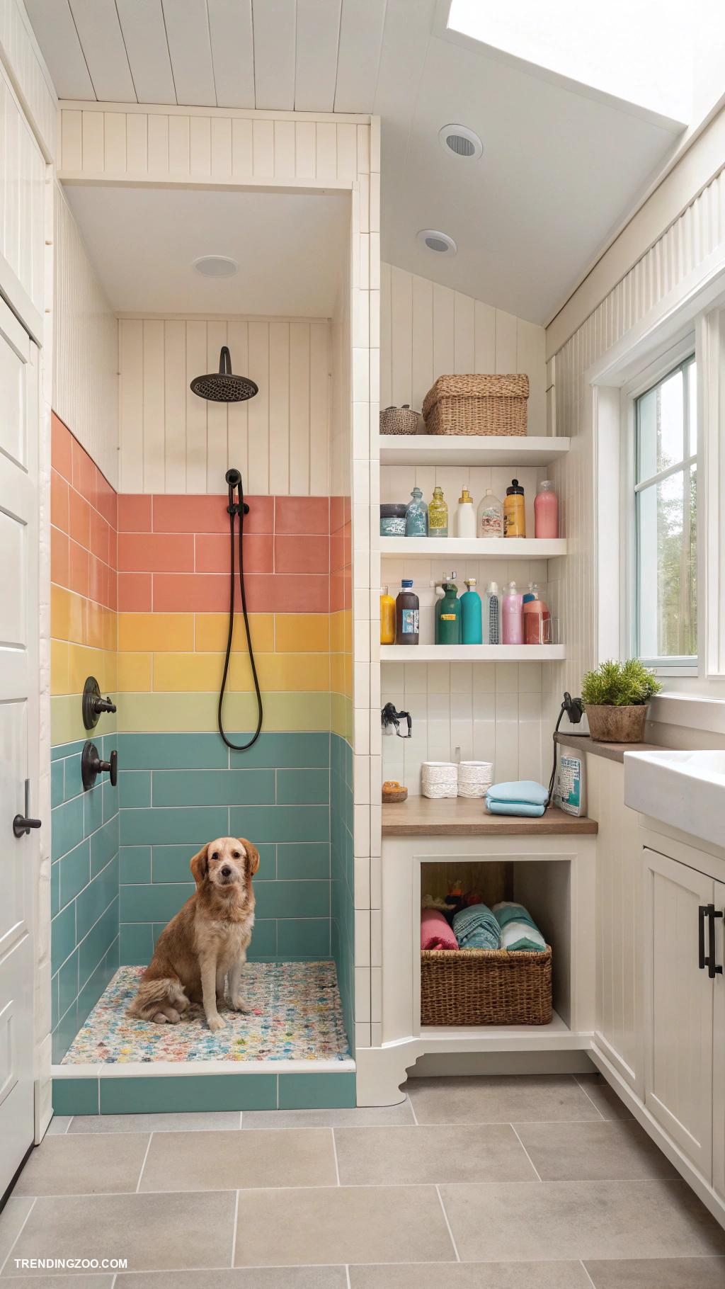 dog shower in laundry room Shower with colorful accent tiles