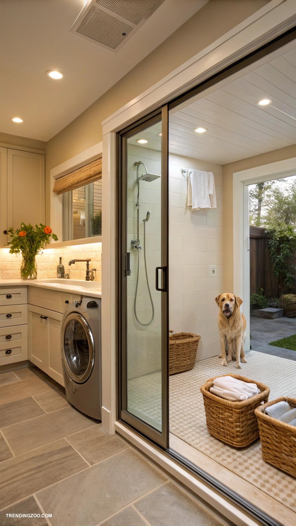 dog shower in laundry room Sliding glass door for easy access