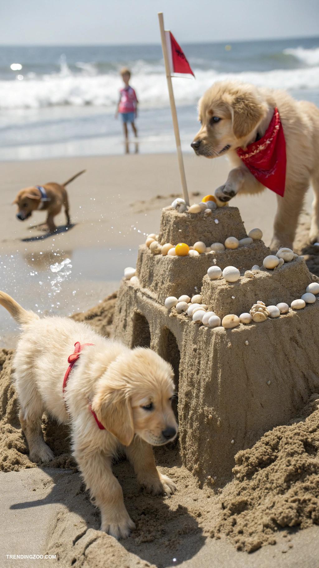 dogs at the beach Puppy sandcastle building competition