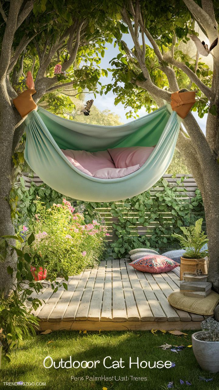 outdoor cat house ideas Hammock style lounging platform in trees