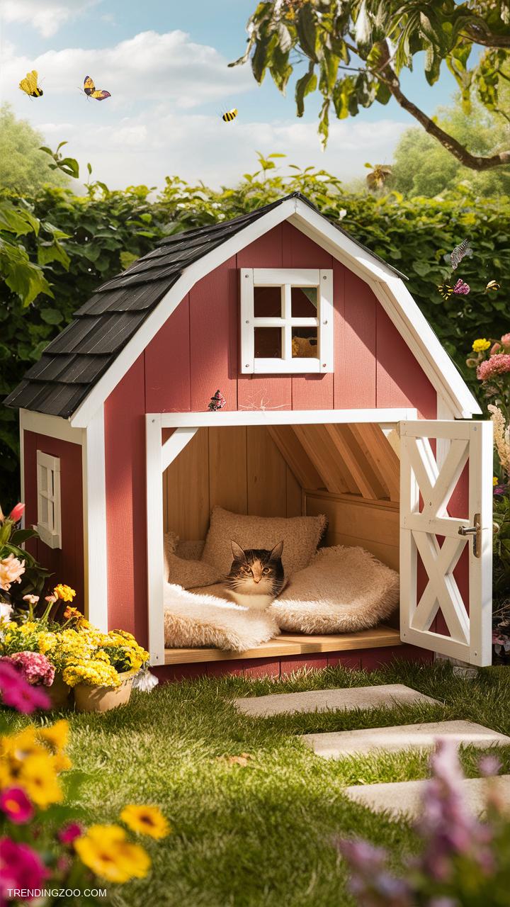 outdoor cat house ideas Miniature barn with cozy bedding inside