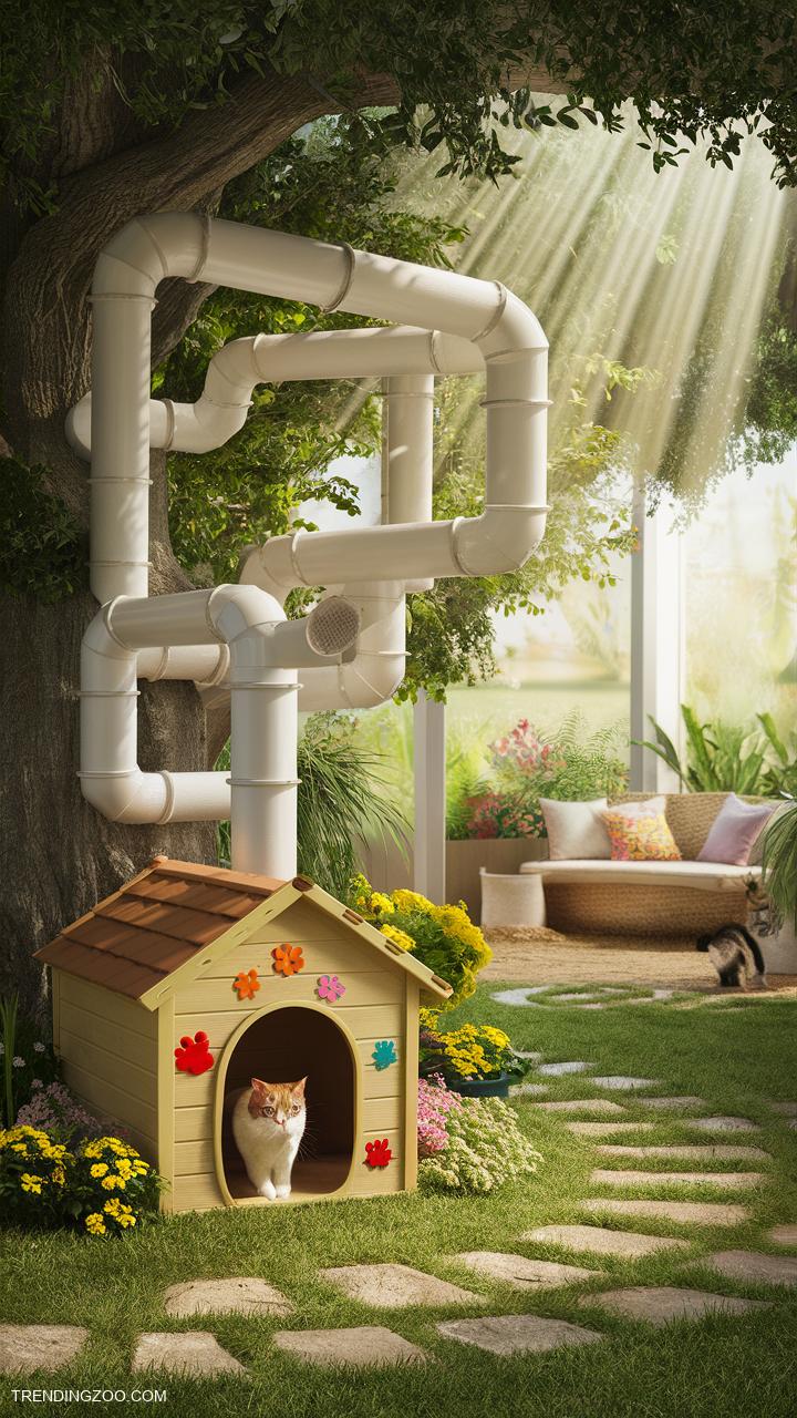 outdoor cat house ideas PVC pipe tunnel system to explore