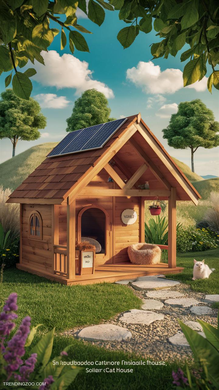 outdoor cat house ideas Wooden cabin with solar light roof