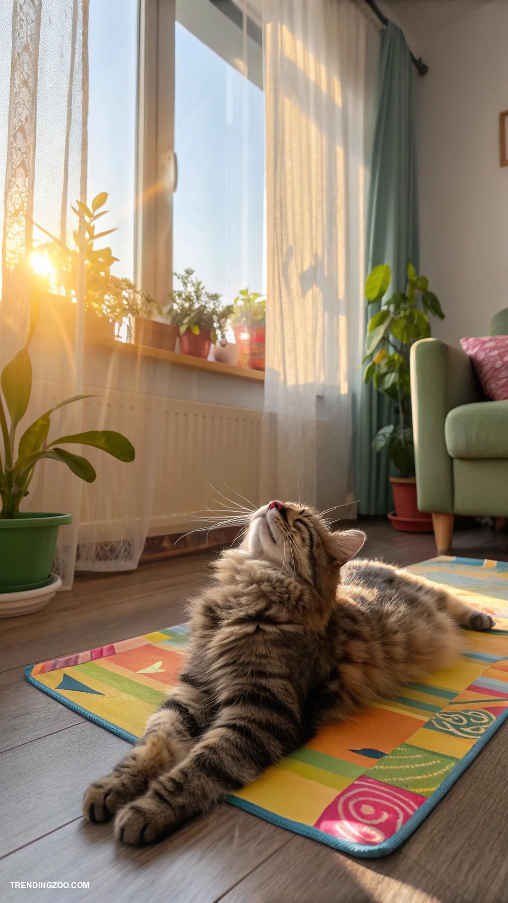 animals doing yoga Cats stretching on mats in sunlit windows