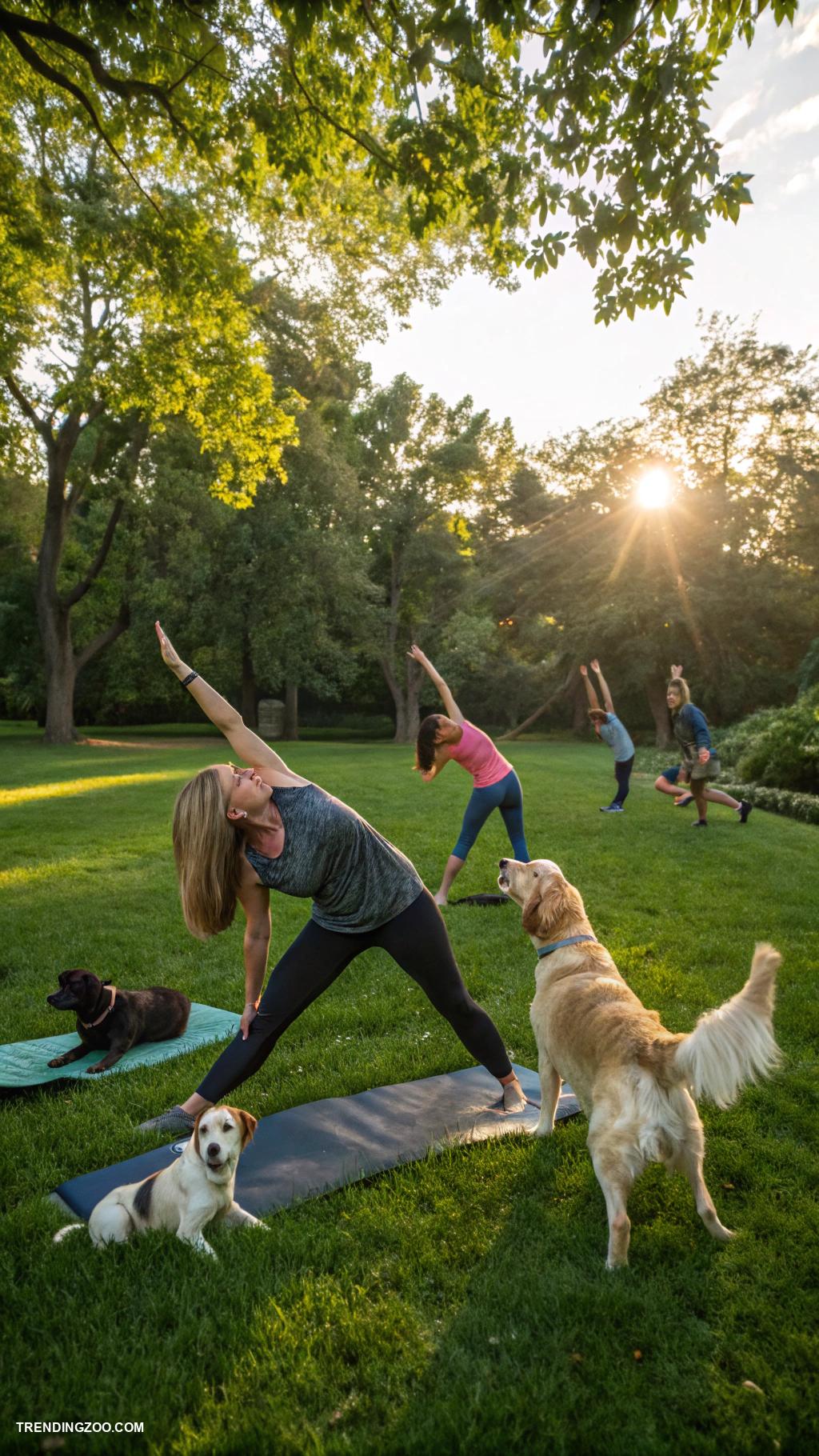 animals doing yoga Dogs practicing downward dog with their owners