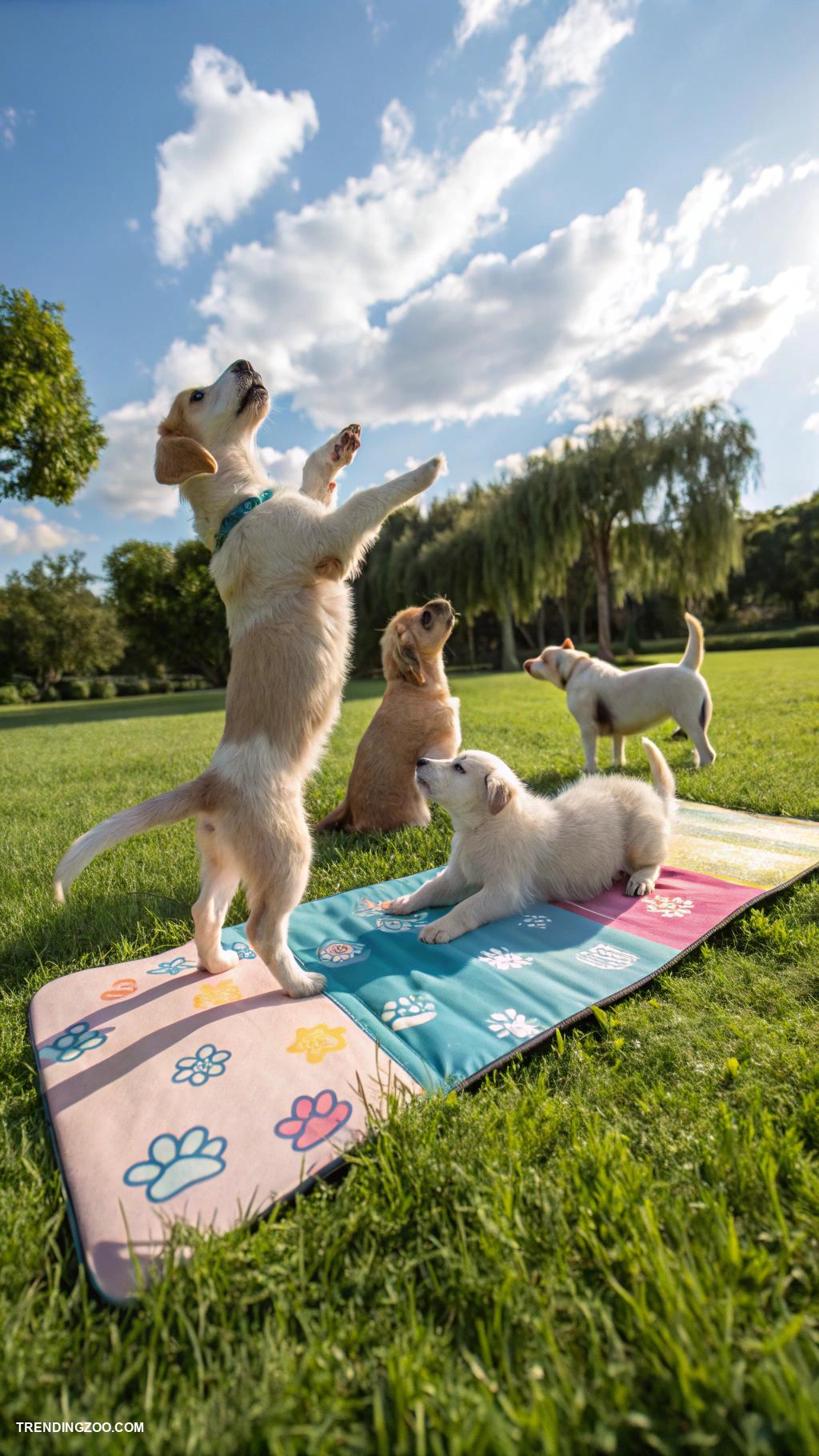 animals doing yoga Puppies playfully imitating yoga stretches together