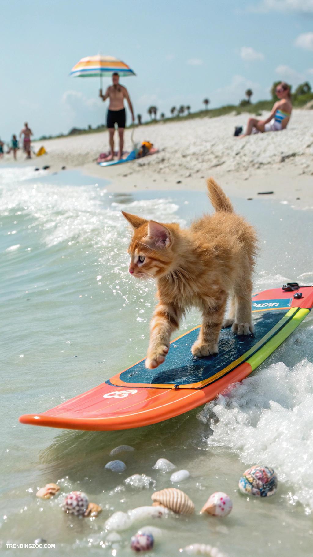 cats at the beach Cat surfing on a tiny surfboard