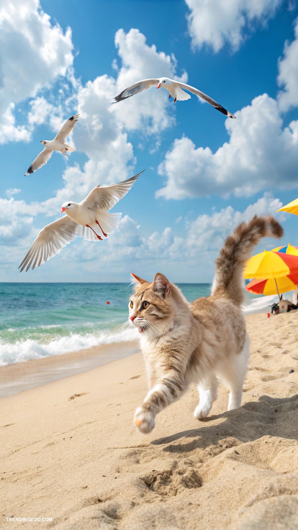 cats at the beach Cats chasing seagulls along the shore