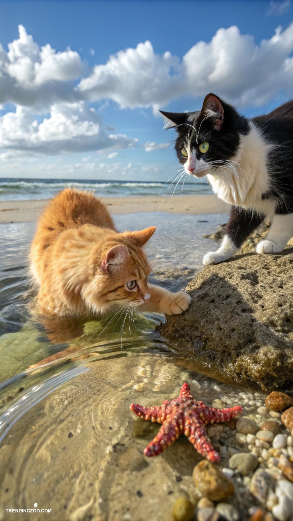cats at the beach Cats exploring tide pools together