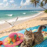 cats at the beach Cats lounging on beach towels