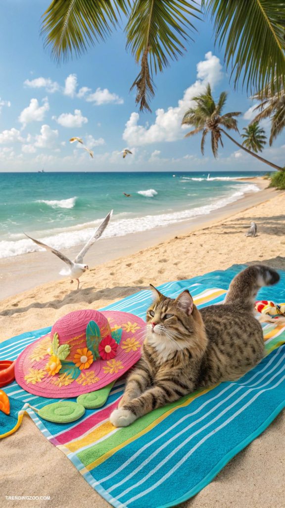 cats at the beach Cats lounging on beach towels