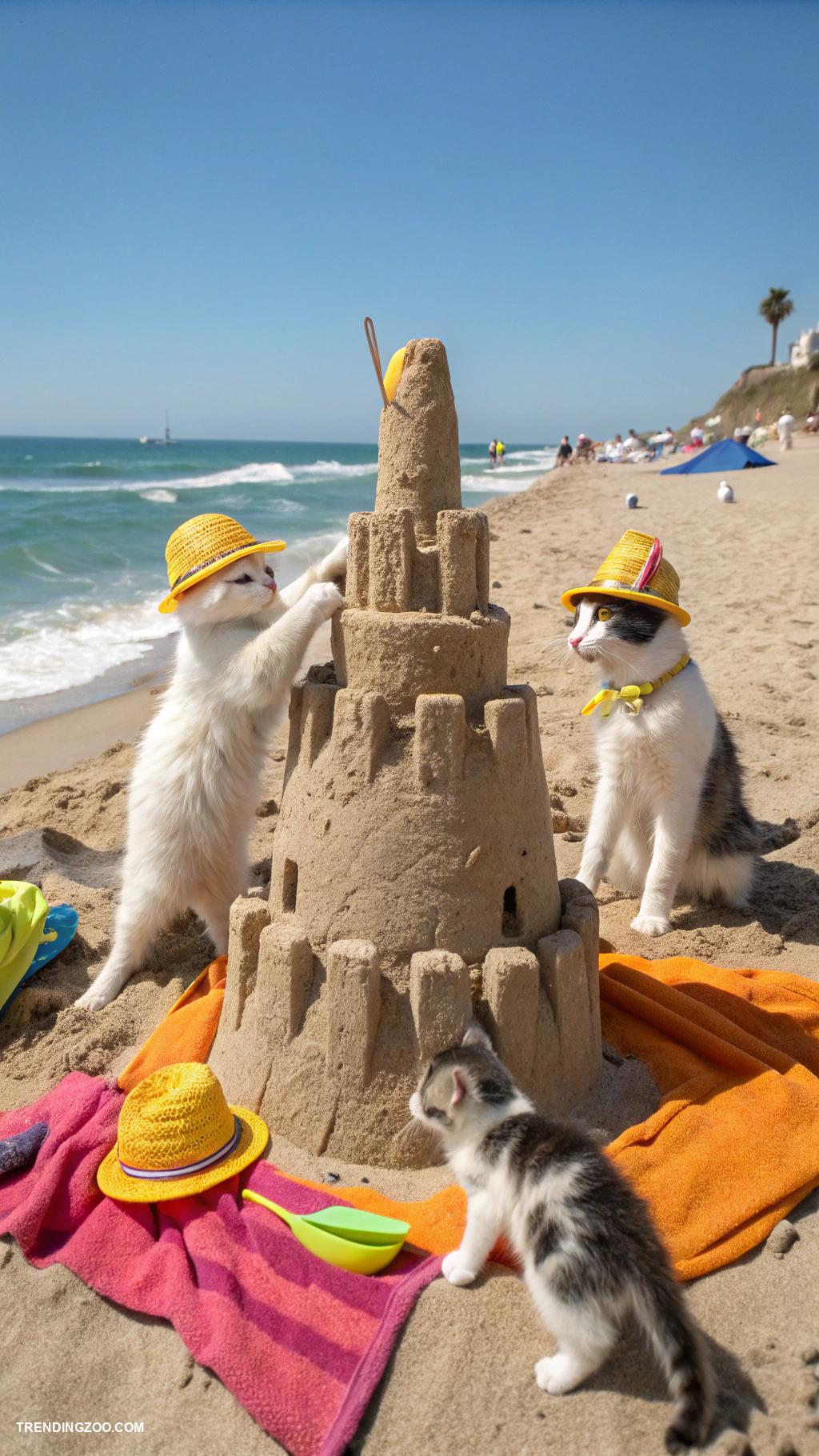 cats at the beach Feline sandcastle builders in action