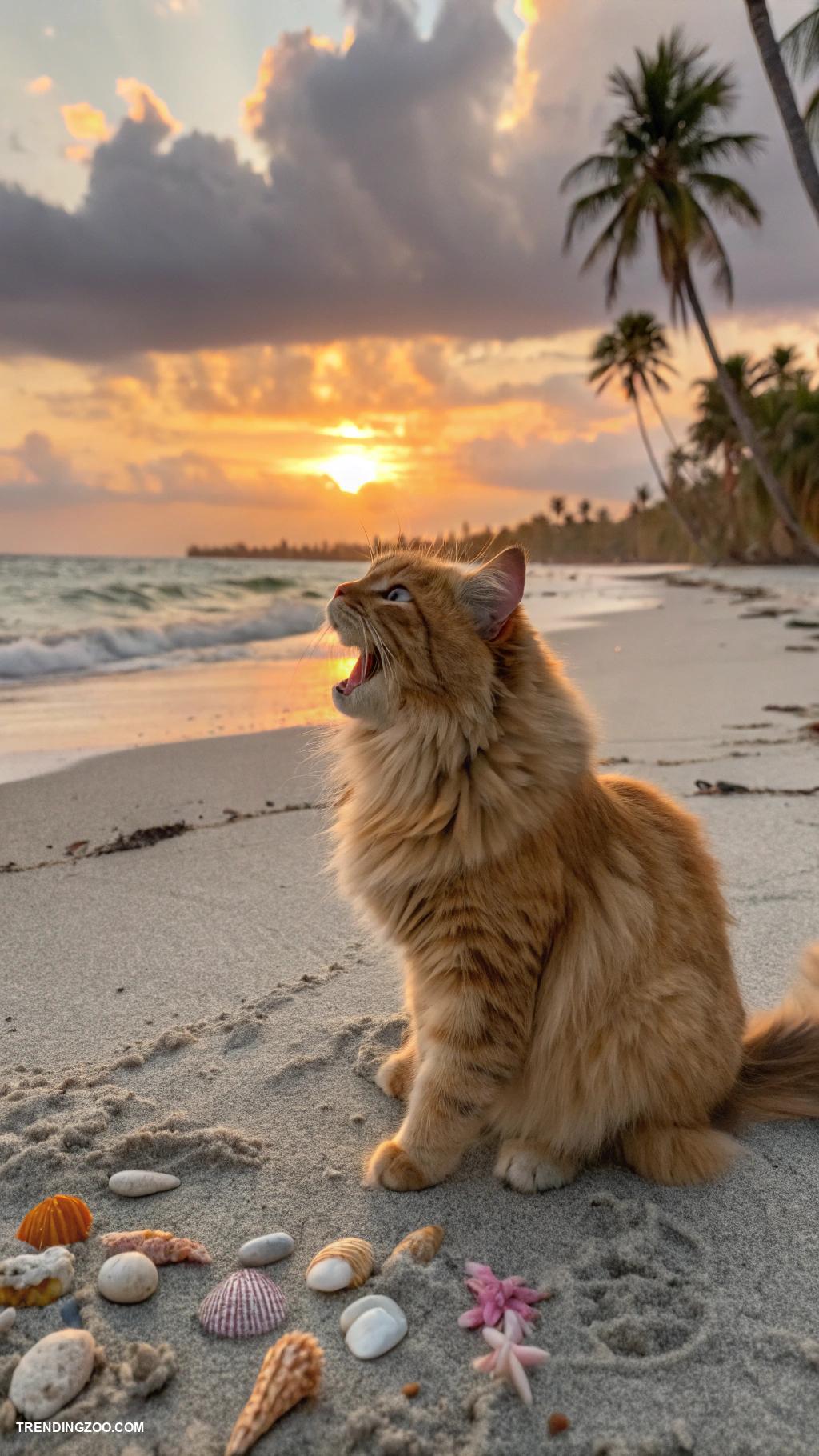cats at the beach Meowing at sunset by the waves