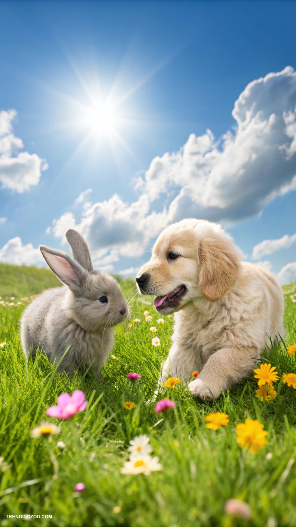 cute animal best friends Bunny and puppy frolicking in the grass
