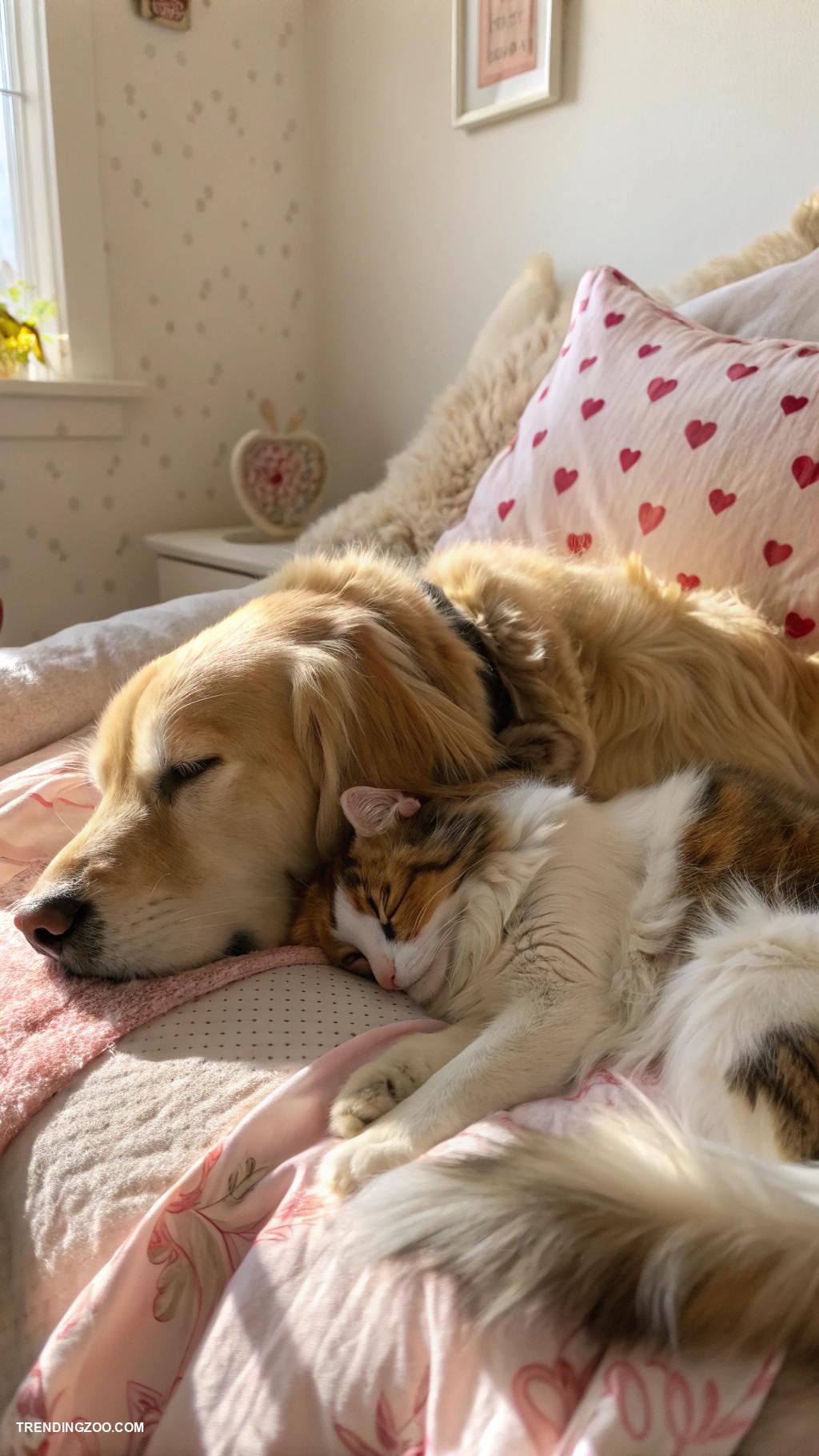 cute animal best friends Dog and cat sharing a cozy bed