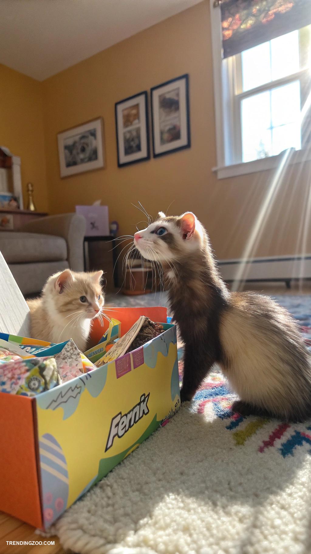 cute animal best friends Ferret and kitten exploring a cardboard box