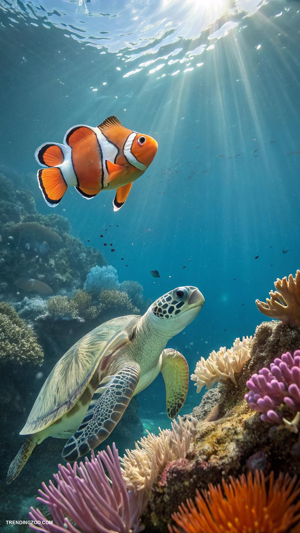 cute animal best friends Fish and turtle watching each other swim