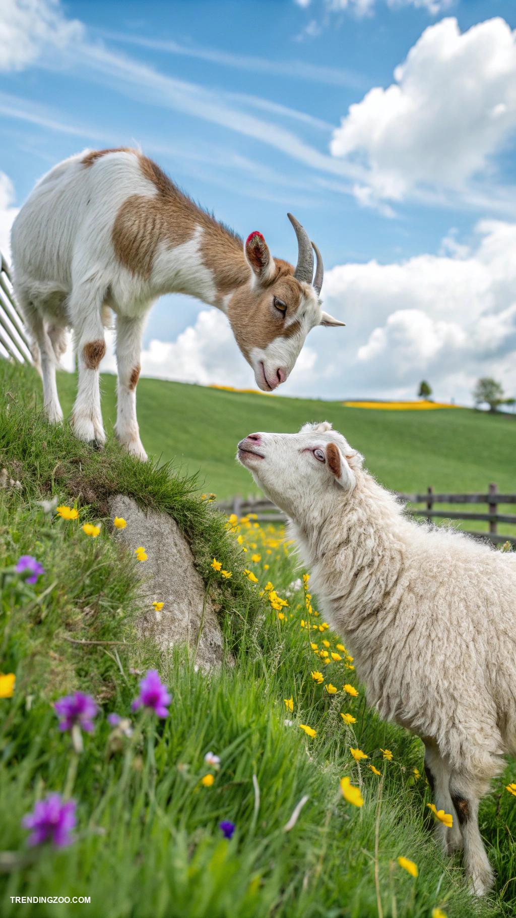 cute animal best friends Goat and sheep bonding in the pasture