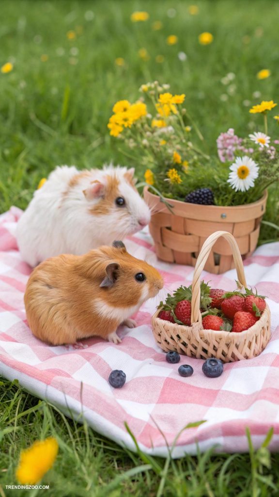 cute animal best friends Guinea pigs and hamsters having a picnic