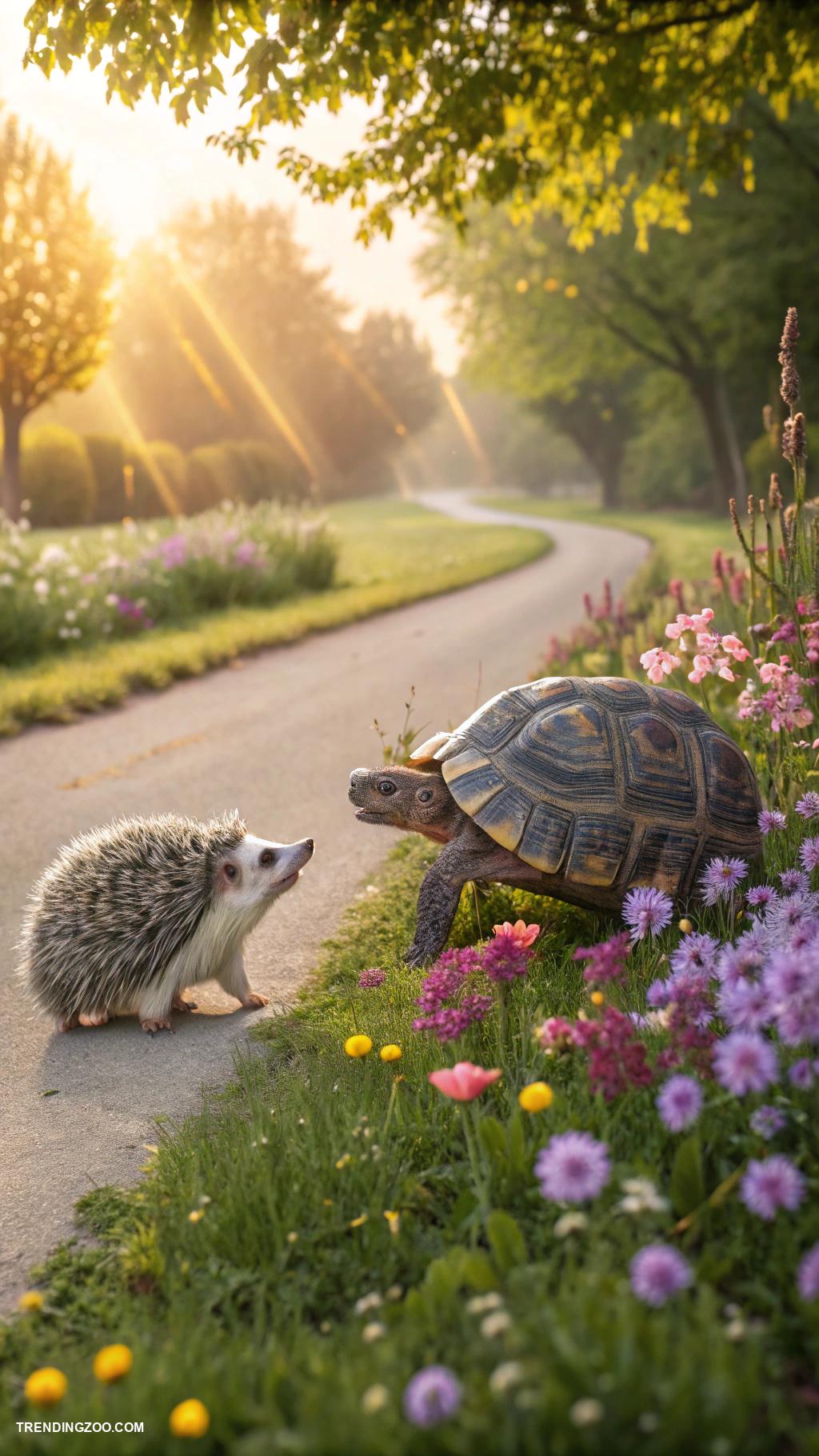 cute animal best friends Hedgehog and tortoise going for a stroll