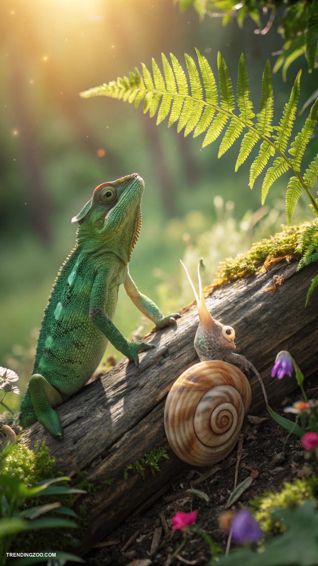 cute animal best friends Lizard and snail crawling on a log
