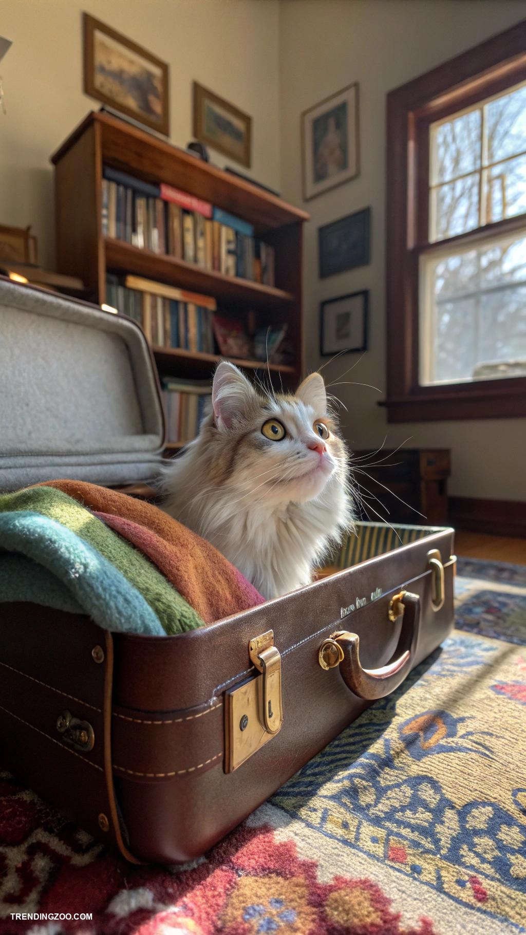 cute cats in boxes Cat peeking from a vintage suitcase