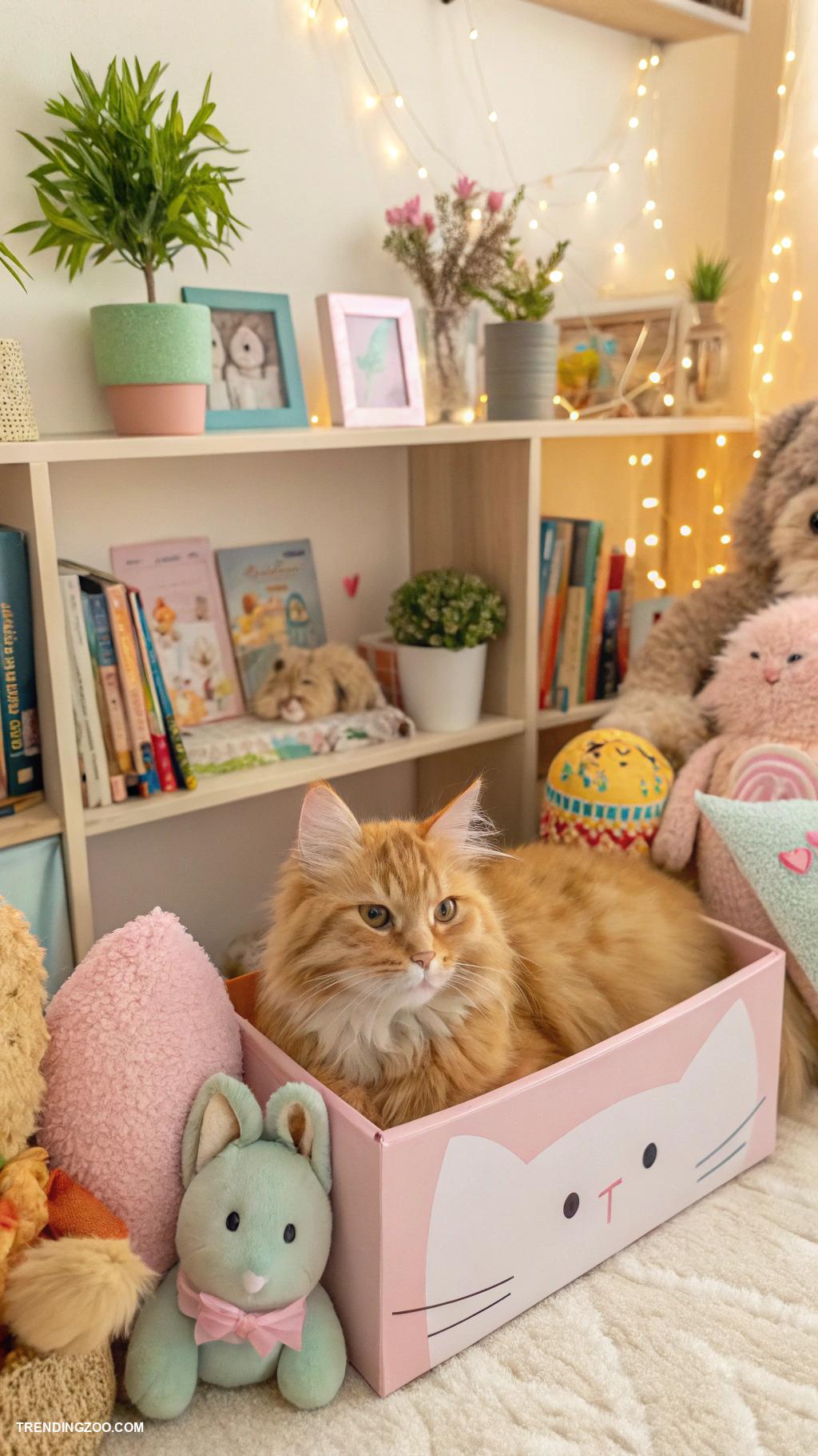 cute cats in boxes Cat surrounded by stuffed animal friends