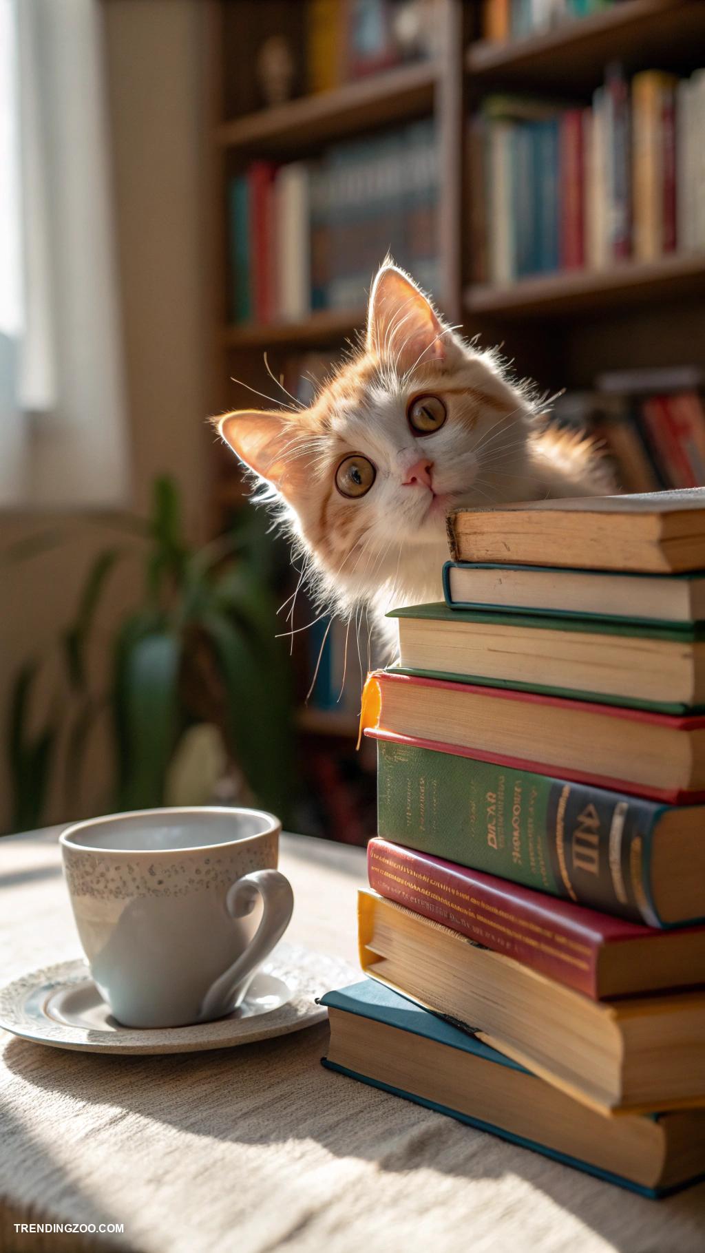 cute cats in boxes Curious cat behind a stack of books