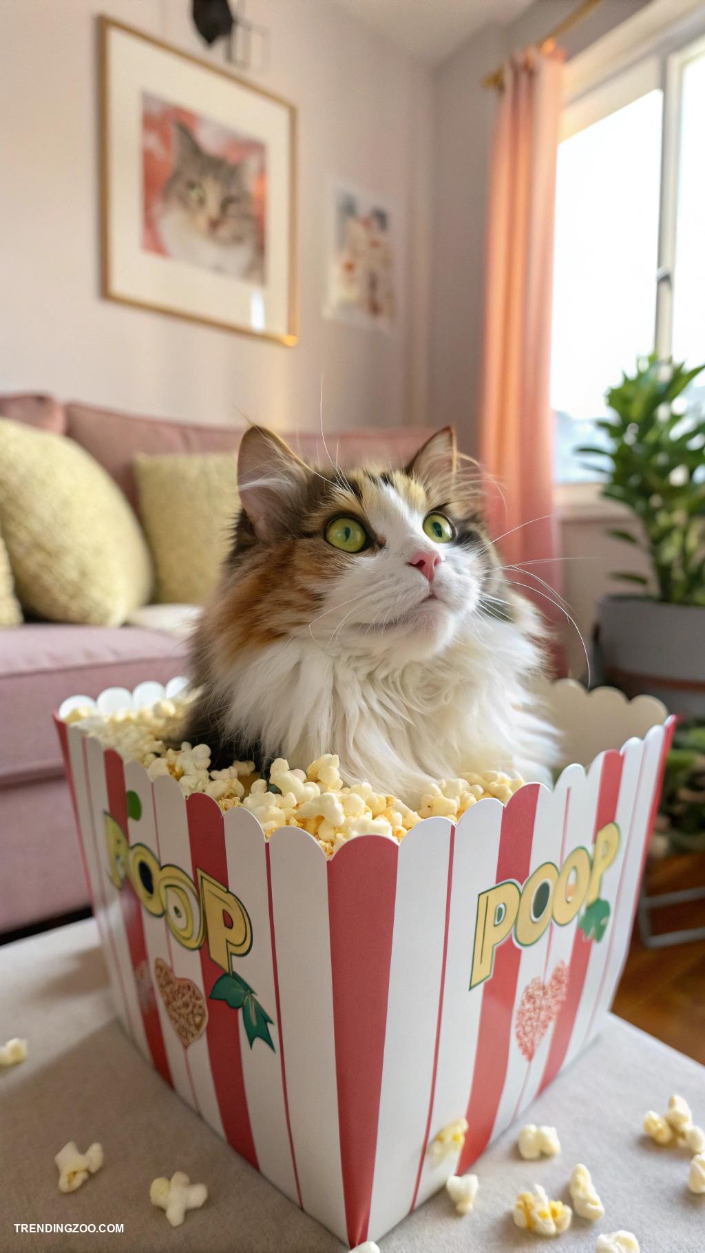 cute cats in boxes Fluffy cat lounging inside a popcorn box