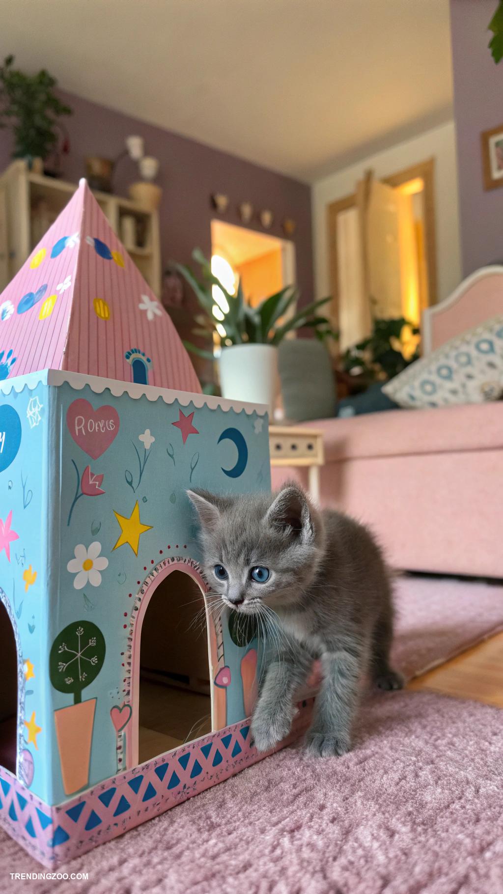 cute cats in boxes Kitten playing in a colorful cardboard castle