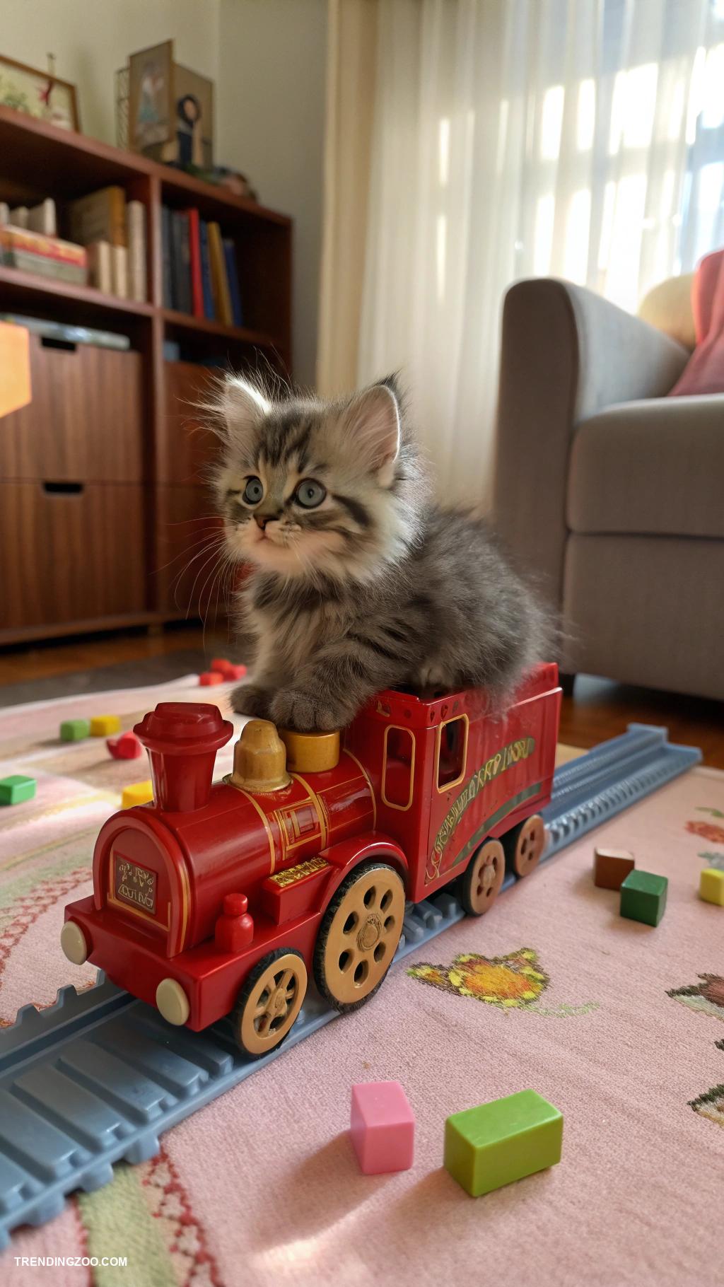 cute cats in boxes Playful kitten poking from a toy train