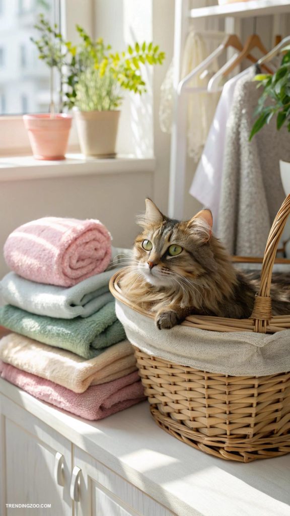 cute cats in boxes Purring cat nestled in a laundry basket
