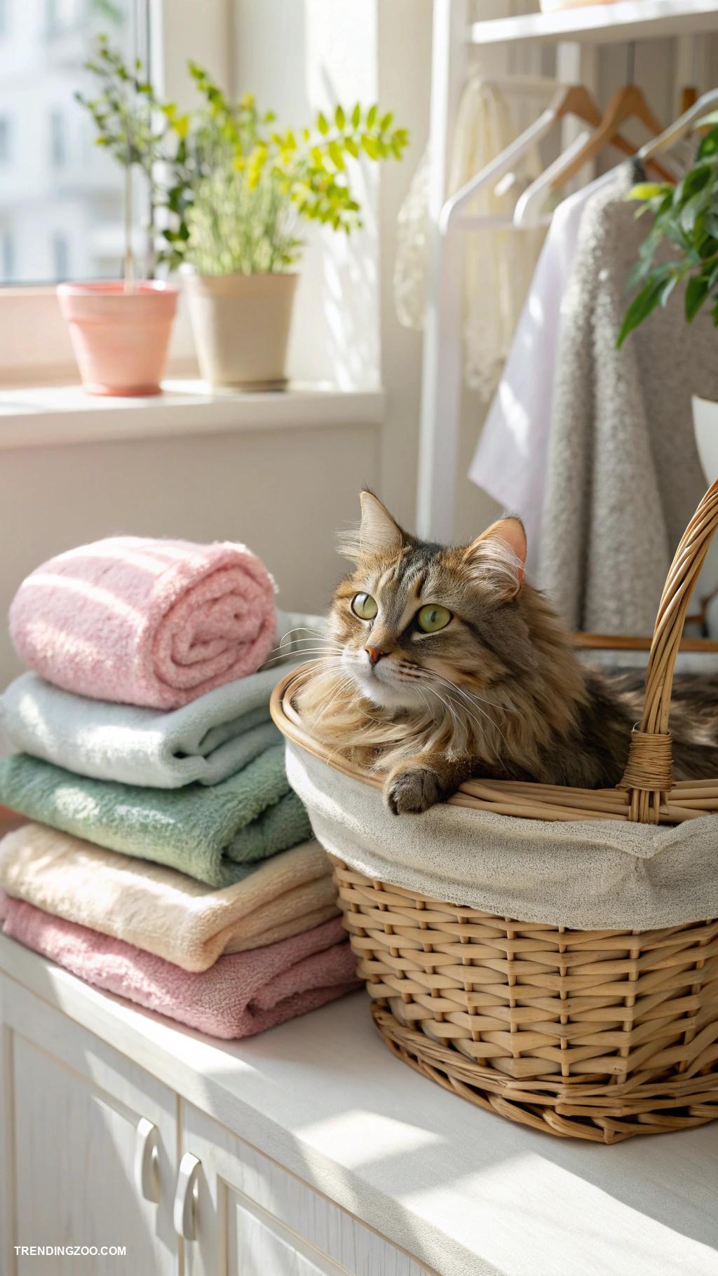 cute cats in boxes Purring cat nestled in a laundry basket