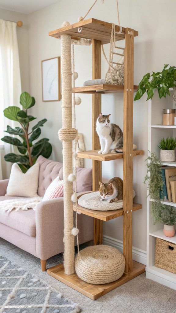 diy cat tower Hanging shelves for climbing and lounging