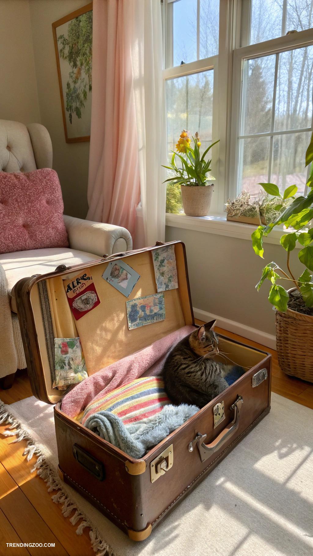 diy cat tower Old suitcase cat hideaway