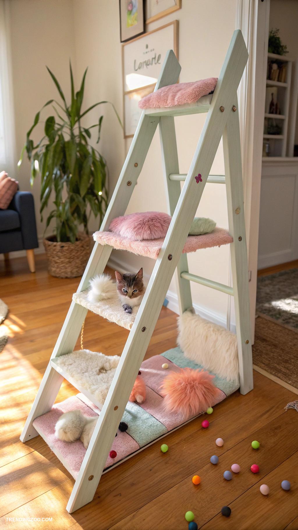 diy cat tower Repurposed wooden ladder cat tower