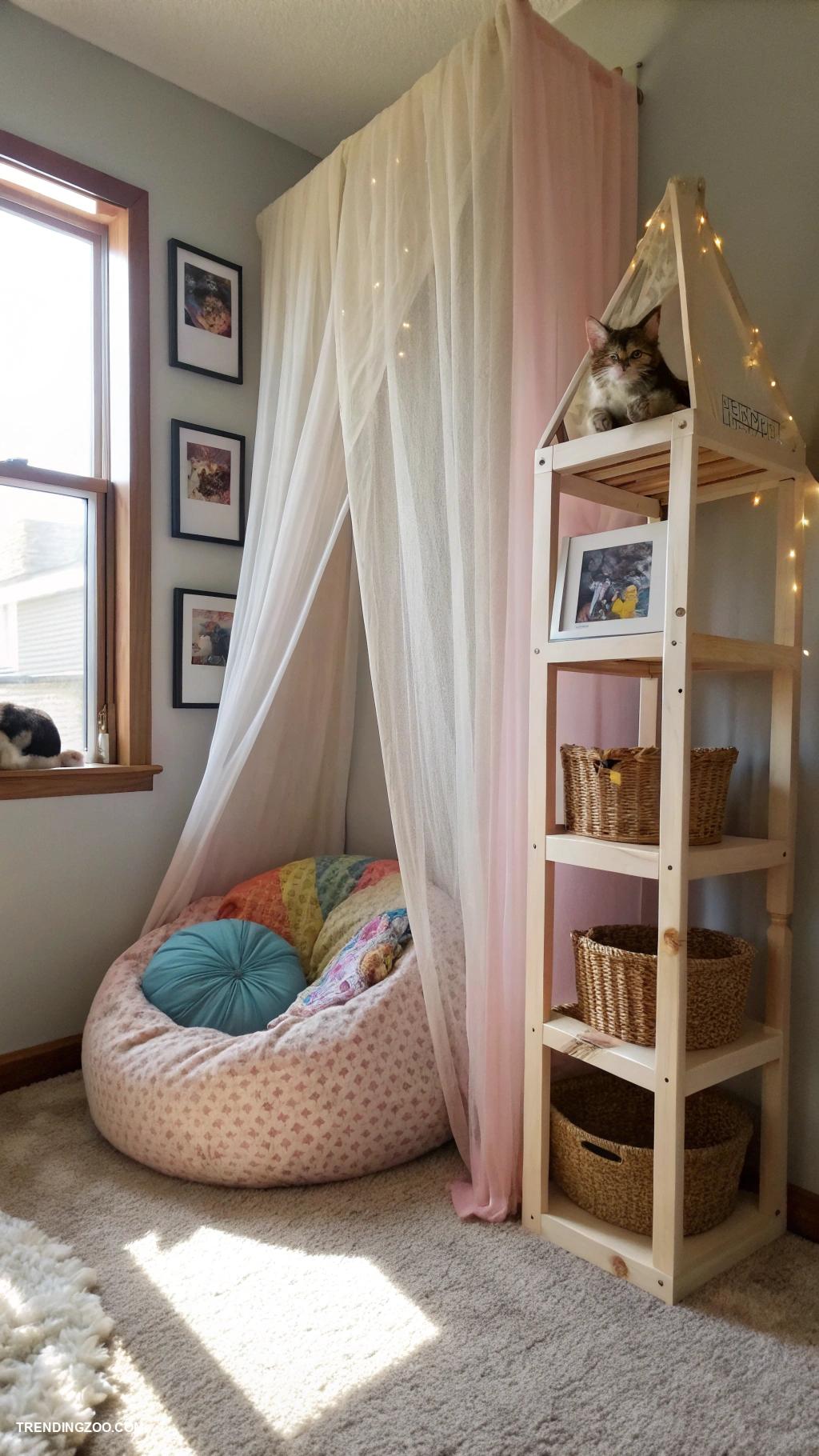 diy cat tower Tulle curtains for cozy napping space