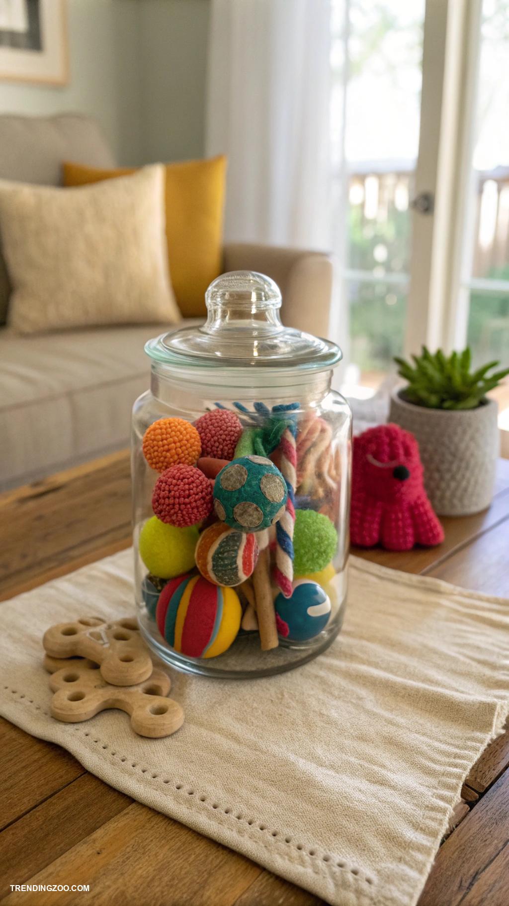 dog toy storage ideas Clear jar filled with colorful toys