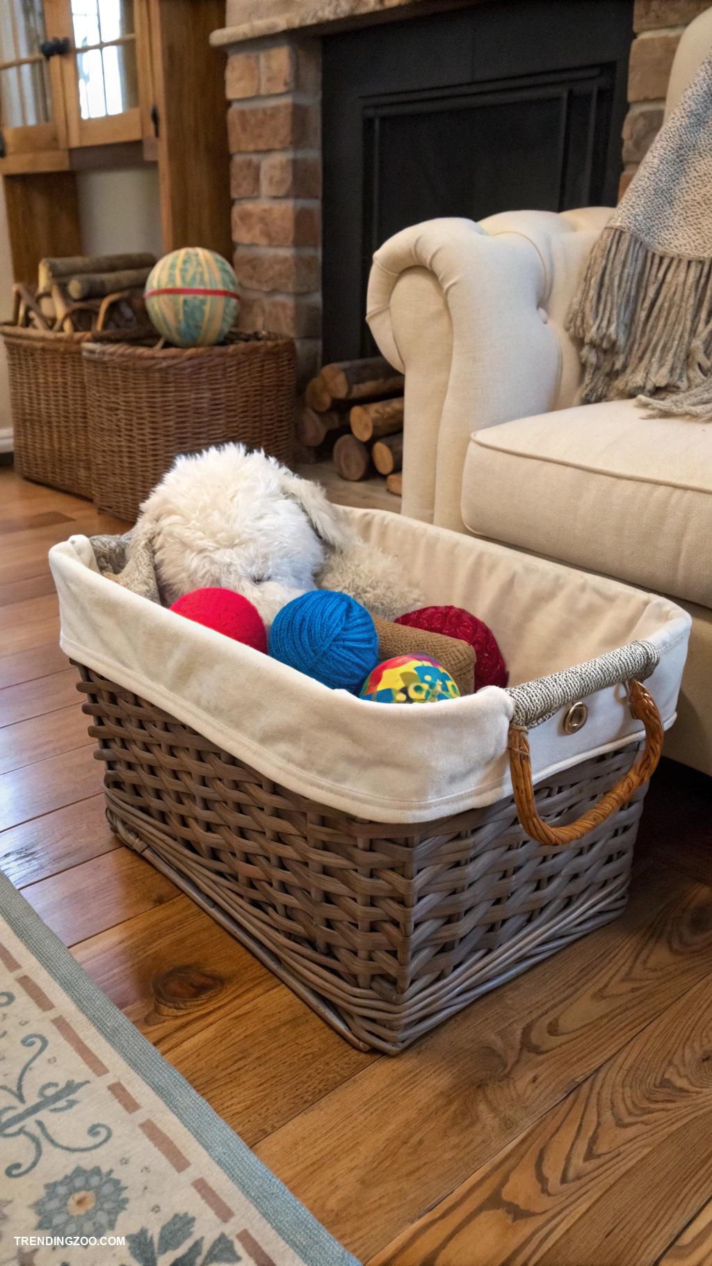 dog toy storage ideas Decorative wicker basket by fireplace