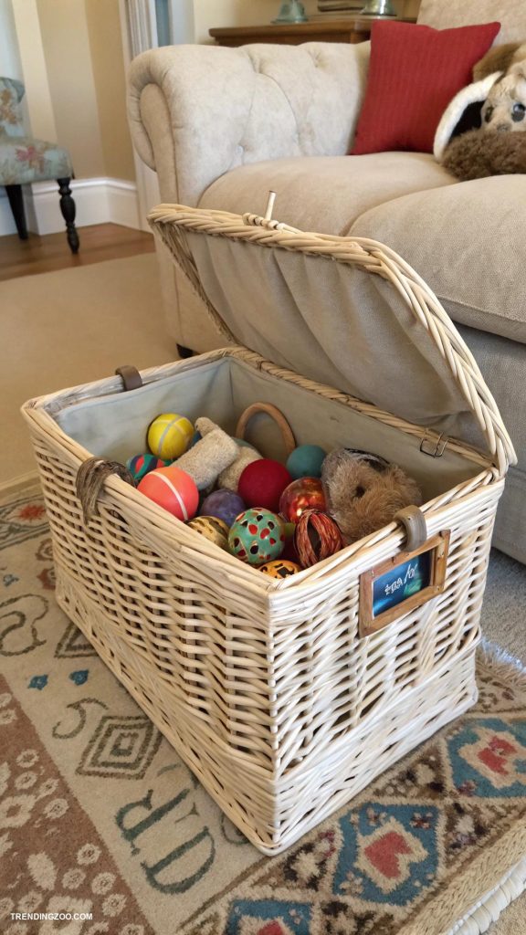 dog toy storage ideas Old laundry basket transformed into holder