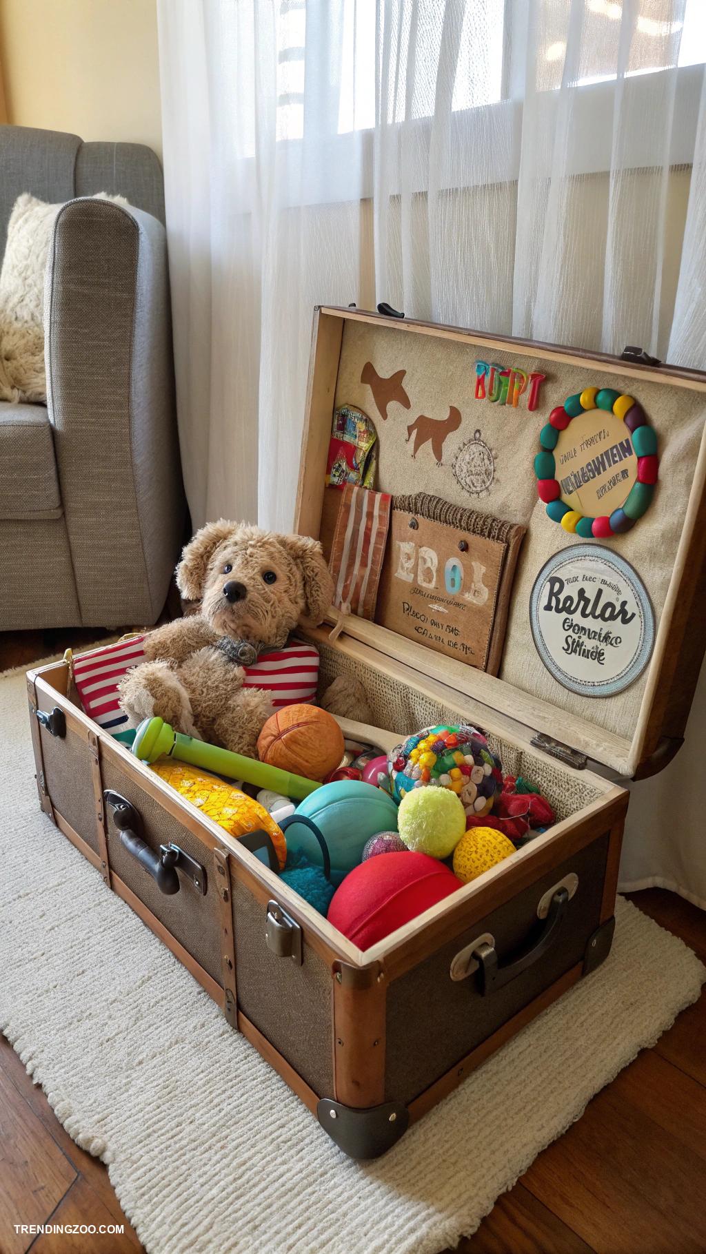 dog toy storage ideas Repurposed vintage suitcase for storage