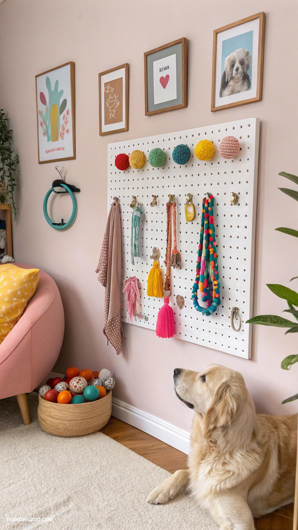 dog toy storage ideas Wall mounted pegboard for easy access