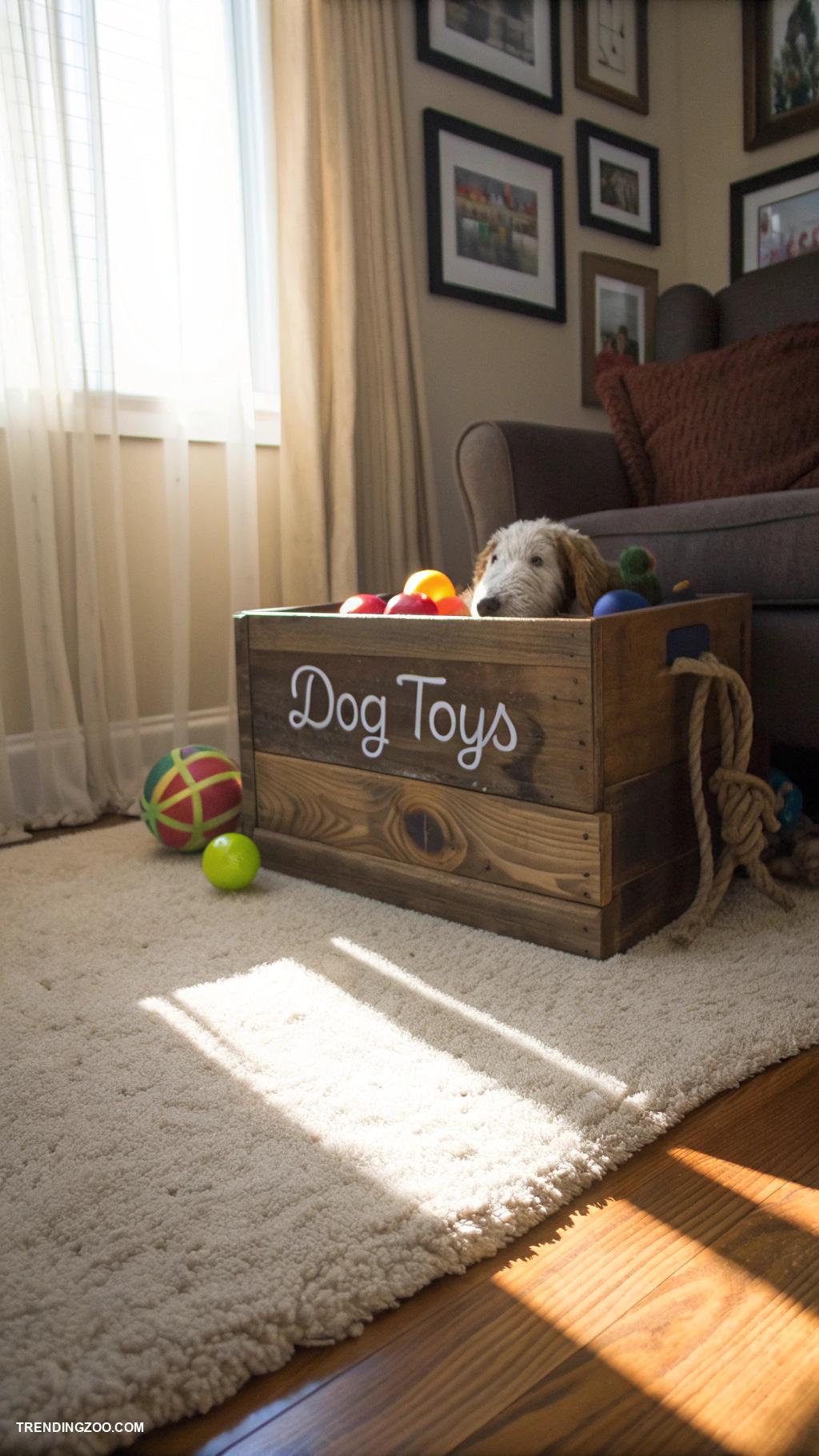 dog toy storage ideas Wooden crate with chalkboard label