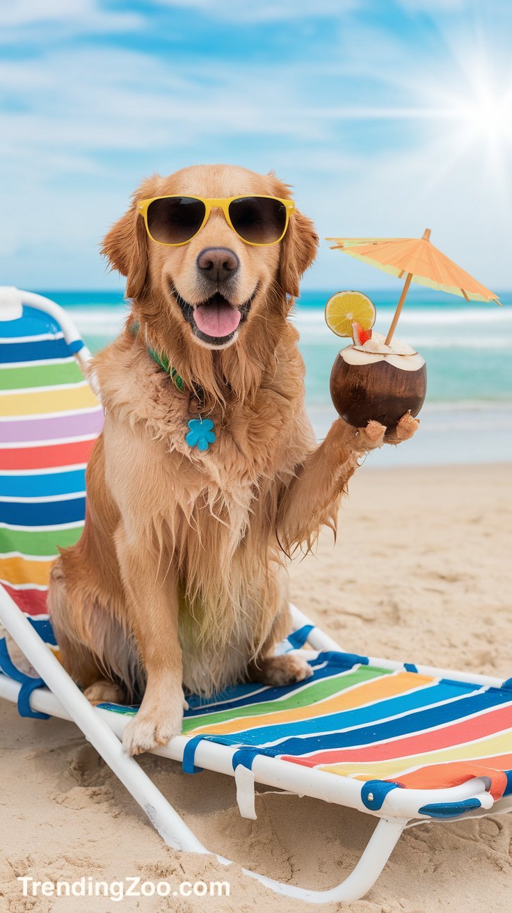 funny golden retriever dog sitting on a colorful beach lounge chair wearing sunglasses
