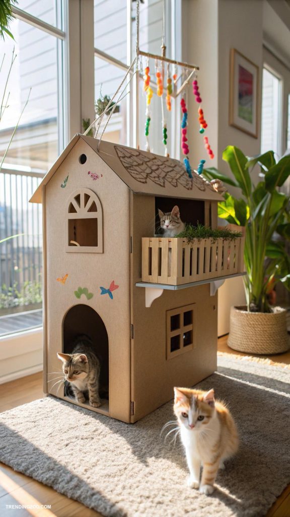 cat cardboard box ideas Two story box with hanging toys